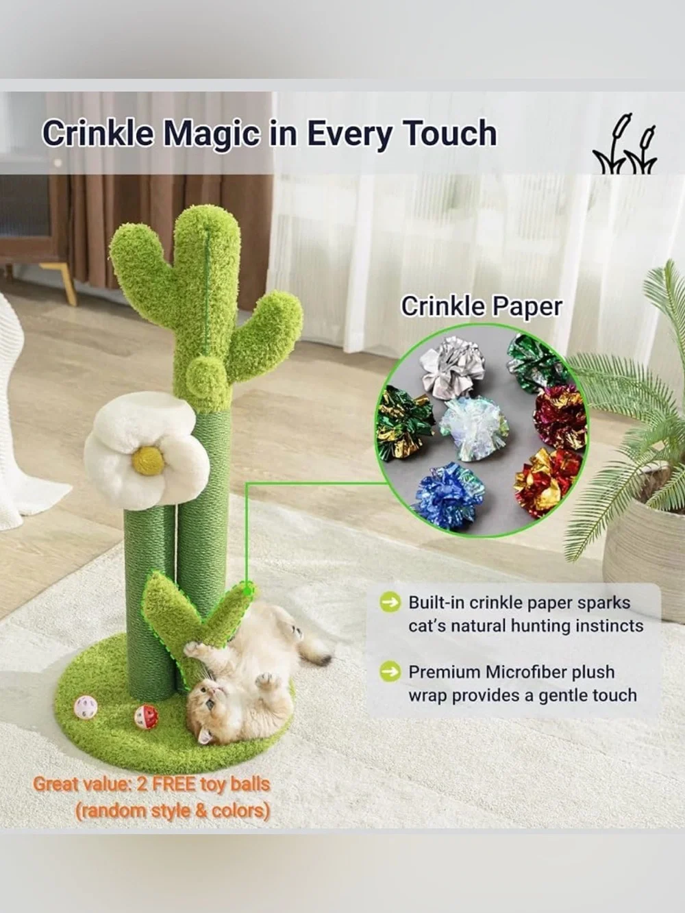 Happy n Pets Green Cactus Cat Scratching Post with Plush Flower